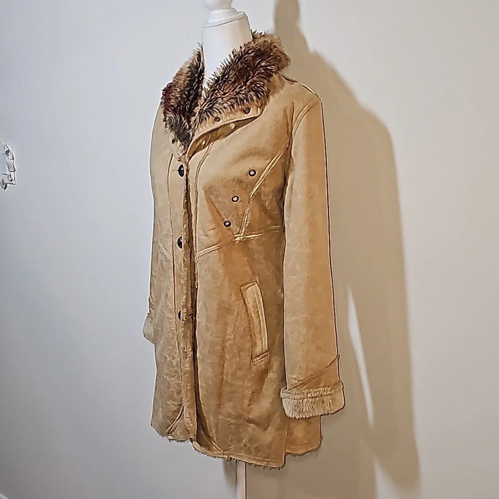 Morricci Coat Jacket Penny Lane Lined Faux Suede Faux Fur Collar Pockets Tan L - Picture 3 of 12